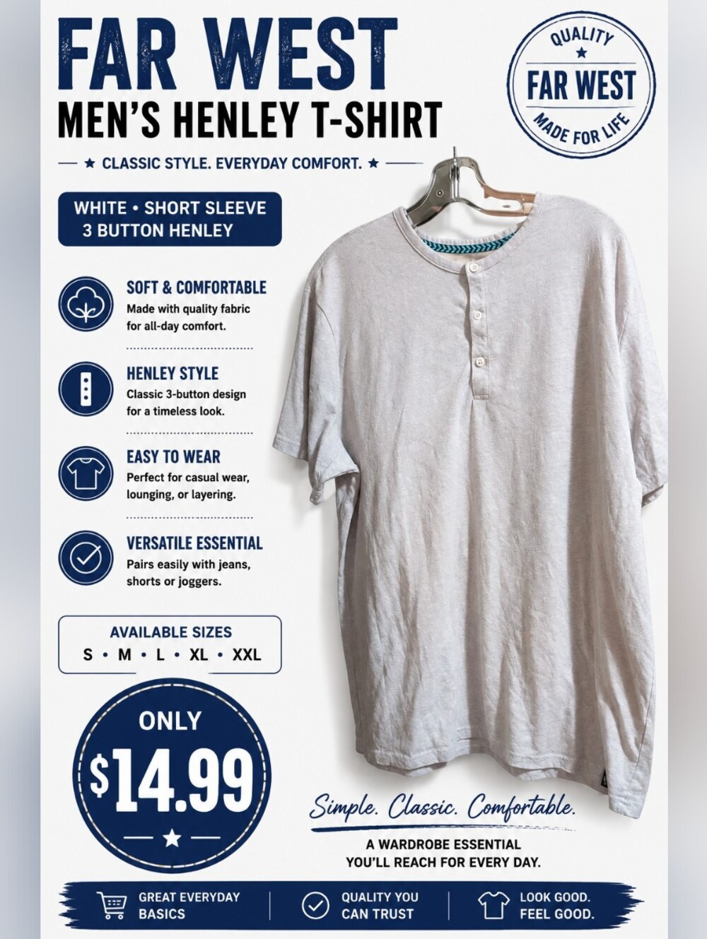 Far West Men's White Henley T-Shirt Short Sleeve 3 Button Casual Tee